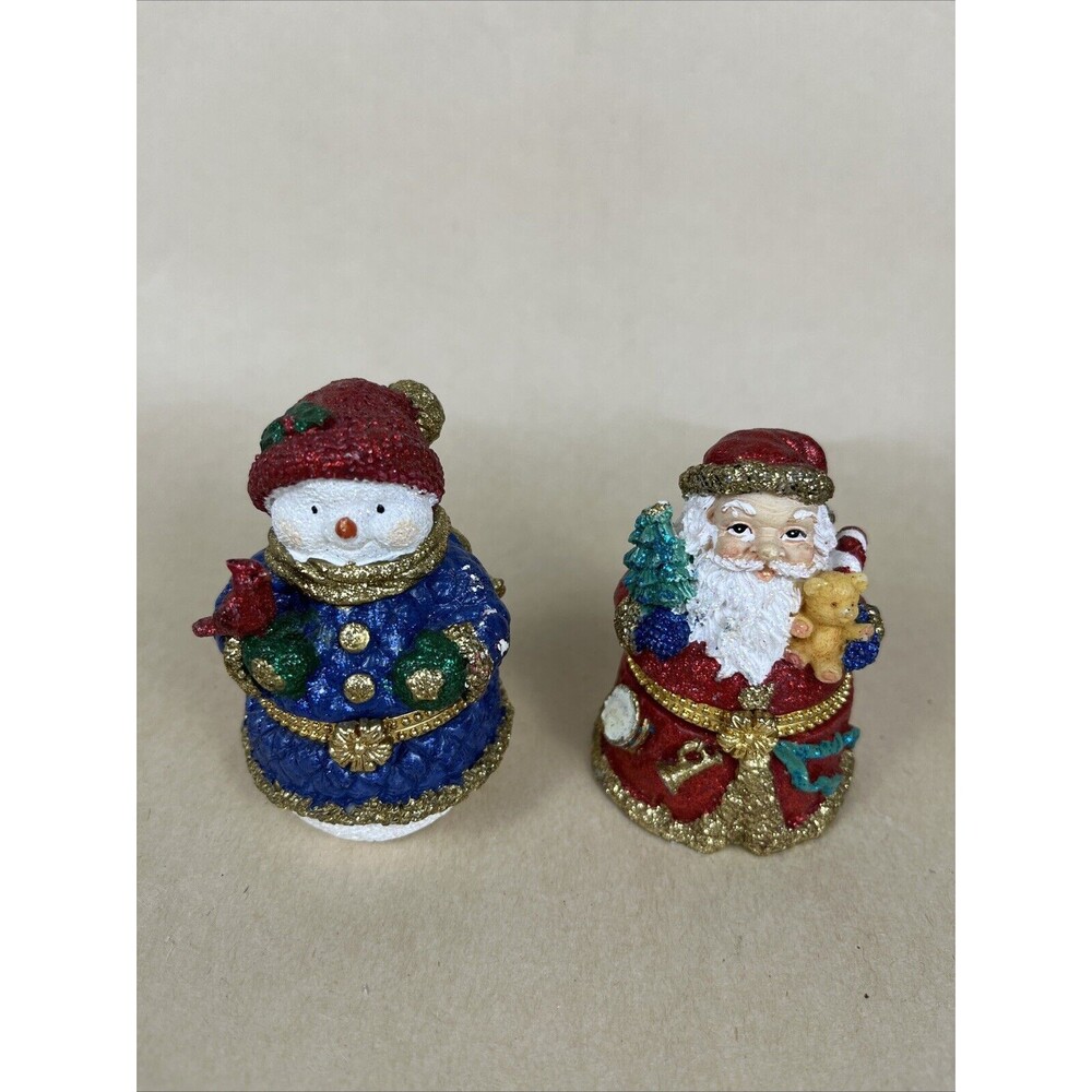 2 VTG Glittery Enamel Christmas Trinket Box with Clasp- Red Santa & Blue Snowman